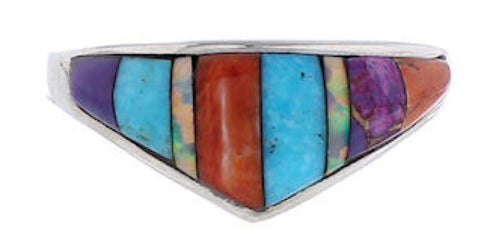 Southwest Sterling Silver Multicolor Inlay Ring Size 6-3/4 UX36220